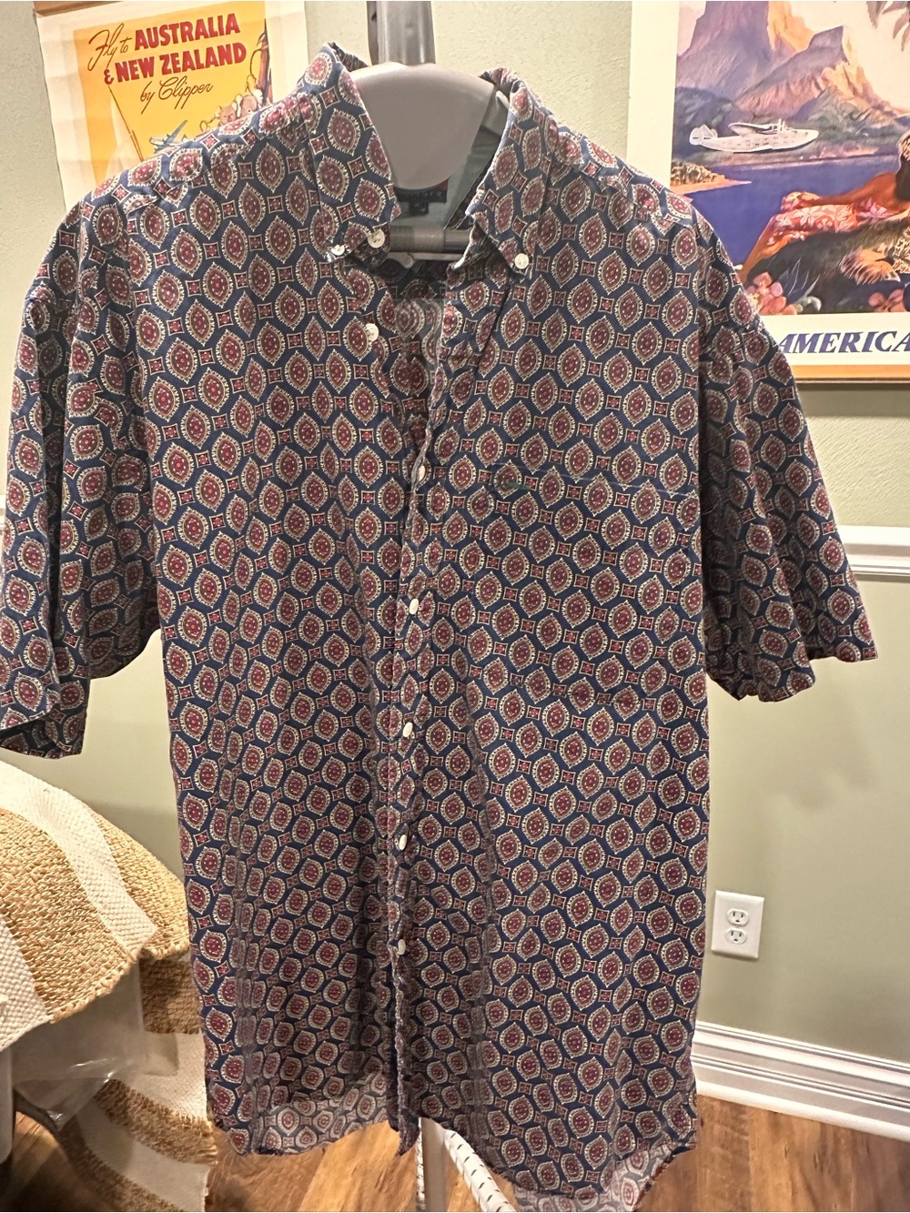 Tommy Hilfiger Short-Sleeve Button-Up Shirt — Blue & Red Medallion Print- Size M